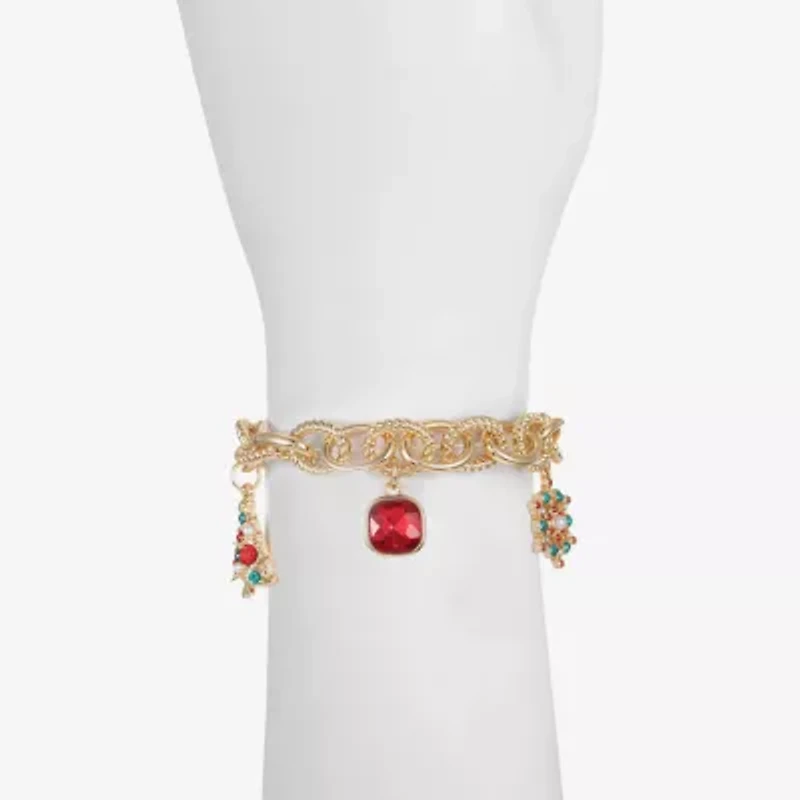 Monet Jewelry Gold Tone Christmas Womens Red Glass Simulated Pearl Charm Bracelet