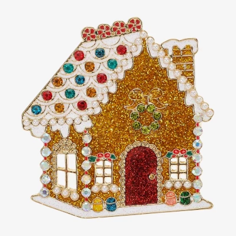 Monet Jewelry Gold Tone Gingerbread House Multi Color Glass Pin