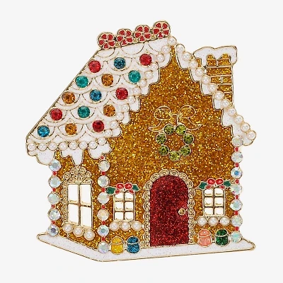 Monet Jewelry Gold Tone Gingerbread House Multi Color Glass Pin