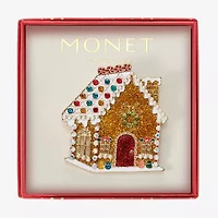 Monet Jewelry Gold Tone Gingerbread House Multi Color Glass Pin