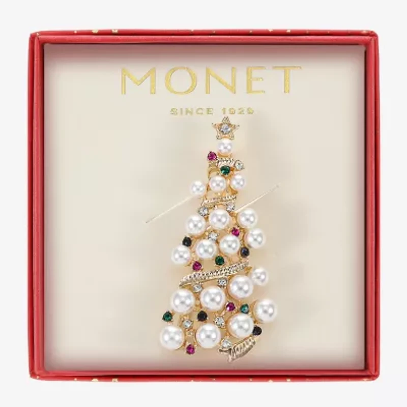 Monet Jewelry Gold Tone Christmas Tree Multi Color Glass Pin