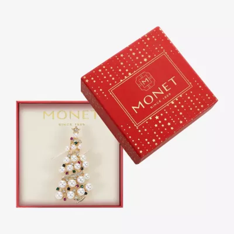 Monet Jewelry Gold Tone Christmas Tree Multi Color Glass Pin