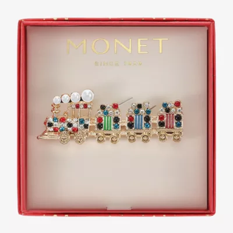 Monet Jewelry Gold Tone Train Multi Color Glass Pin