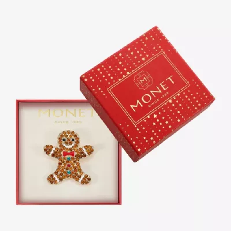 Monet Jewelry Gold Tone Gingerbread Man Multi Color Glass Pin