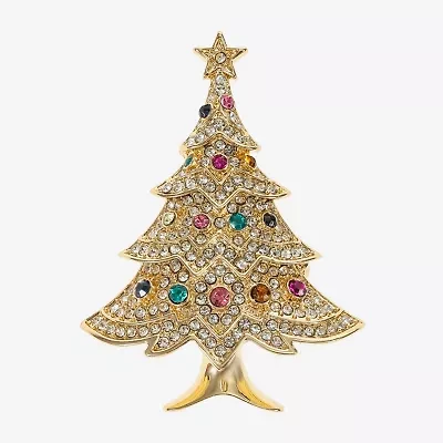 Monet Jewelry Gold Tone Christmas Tree Multi Color Glass Pin