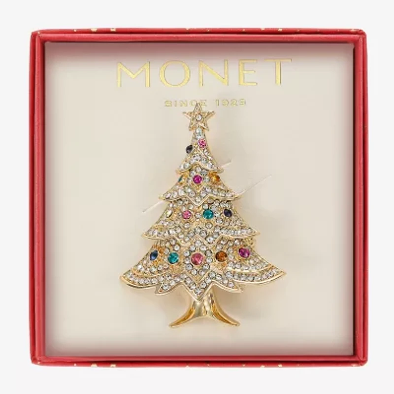 Monet Jewelry Gold Tone Christmas Tree Multi Color Glass Pin