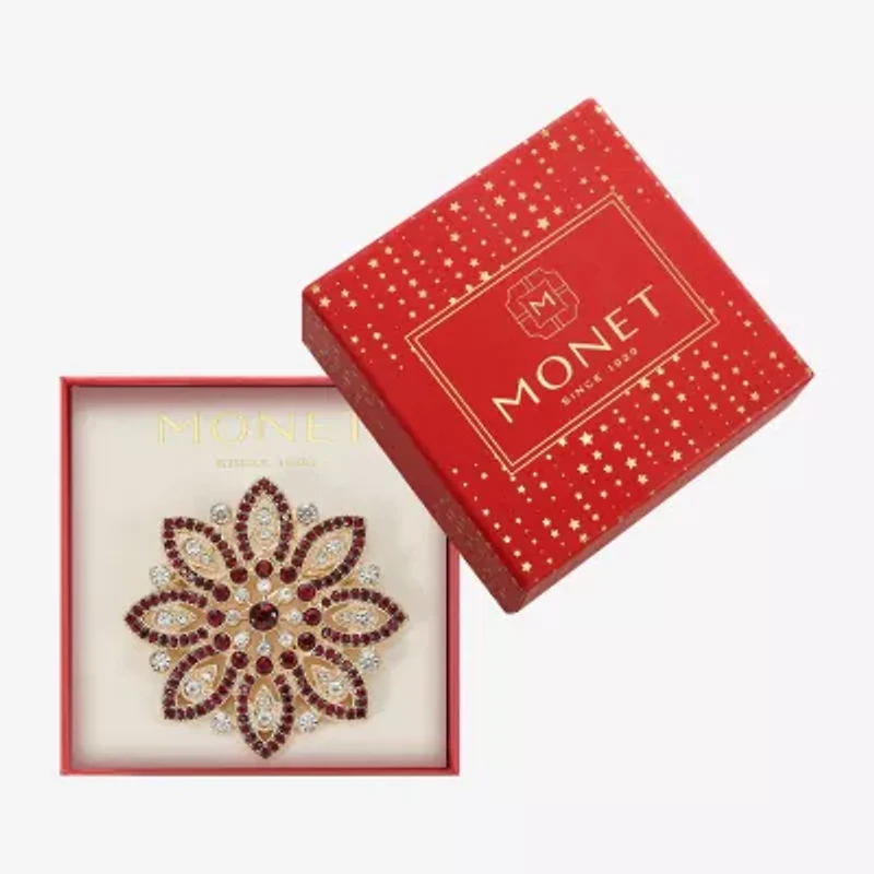 Monet Jewelry Gold Tone Red Poinsettia Multi Color Glass Pin
