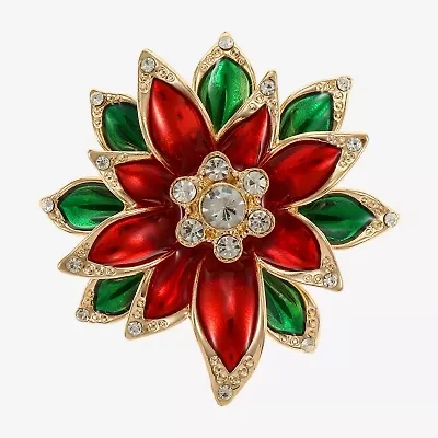 Monet Jewelry Gold Tone Red Poinsettia Glass Pin