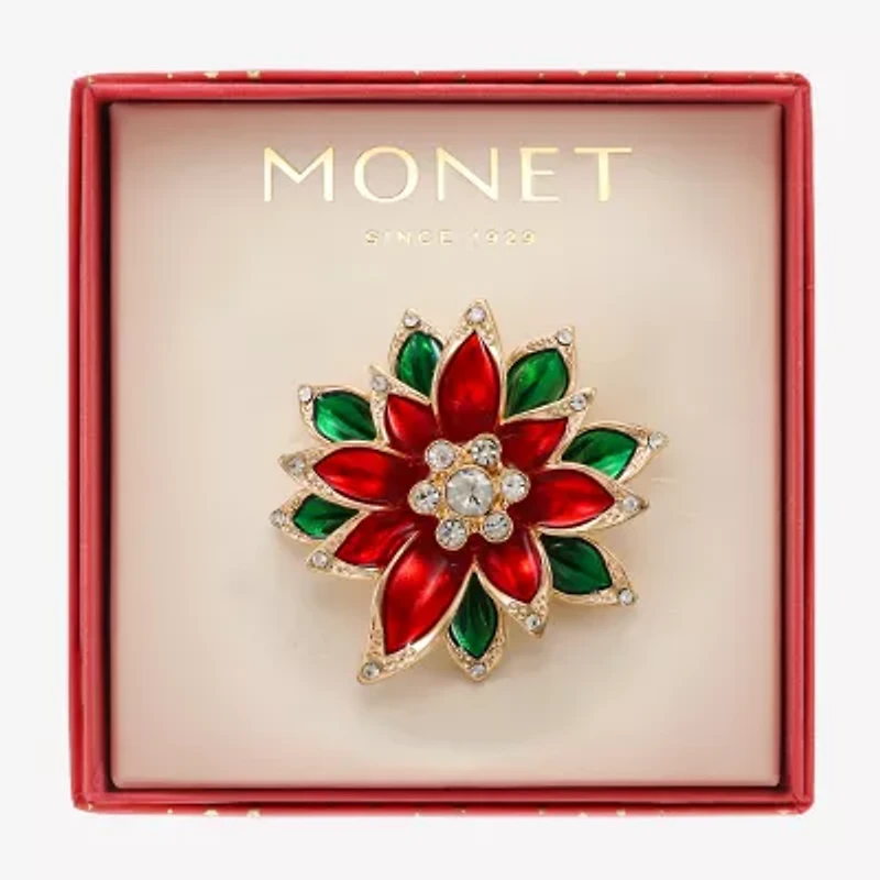 Monet Jewelry Gold Tone Red Poinsettia Glass Pin