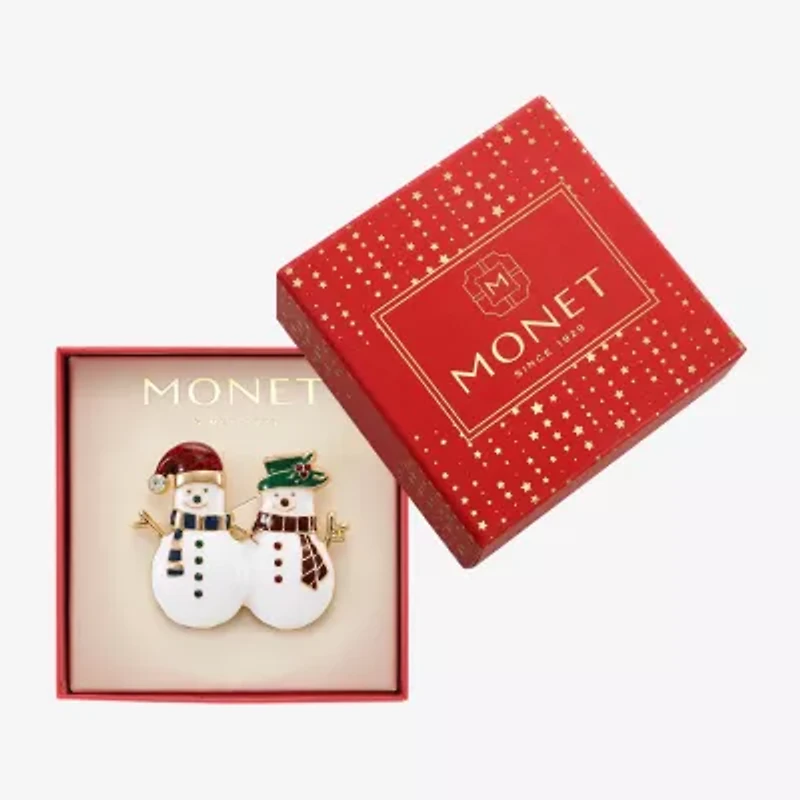 Monet Jewelry Gold Tone Snowman Santa Hat Glass Pin