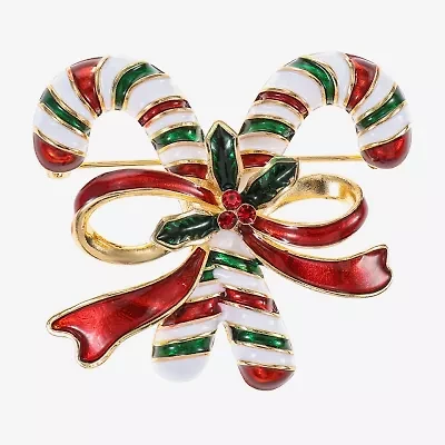 Monet Jewelry Gold Tone Candy Cane Red Glass Pin