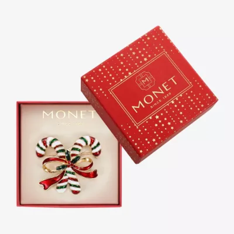 Monet Jewelry Gold Tone Candy Cane Red Glass Pin