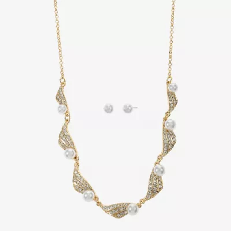 Monet Jewelry Gold Tone Collar Frontal Twist Necklace & Drop Earring Womens Glass Simulated Pearl Round 2-pc. Jewelry Set