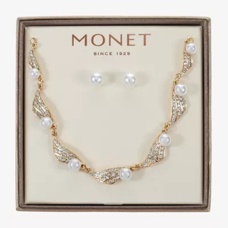 Monet Jewelry Gold Tone Collar Frontal Twist Necklace & Drop Earring Womens Glass Simulated Pearl Round 2-pc. Jewelry Set