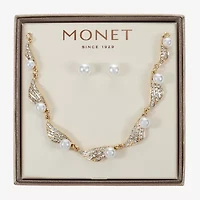 Monet Jewelry Gold Tone Collar Frontal Twist Necklace & Drop Earring Womens Glass Simulated Pearl Round 2-pc. Jewelry Set