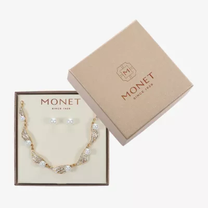 Monet Jewelry Gold Tone Collar Frontal Twist Necklace & Drop Earring Womens Glass Simulated Pearl Round 2-pc. Jewelry Set