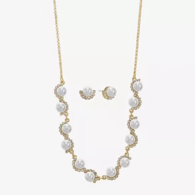 Monet Jewelry Gold Tone Collar Frontal Scallop Necklace & Stud Earring Womens Glass Simulated Pearl Round 2-pc. Jewelry Set