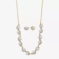 Monet Jewelry Gold Tone Collar Frontal Scallop Necklace & Stud Earring Womens Glass Simulated Pearl Round 2-pc. Jewelry Set