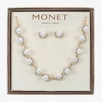 Monet Jewelry Gold Tone Collar Frontal Scallop Necklace & Stud Earring Womens Glass Simulated Pearl Round 2-pc. Jewelry Set