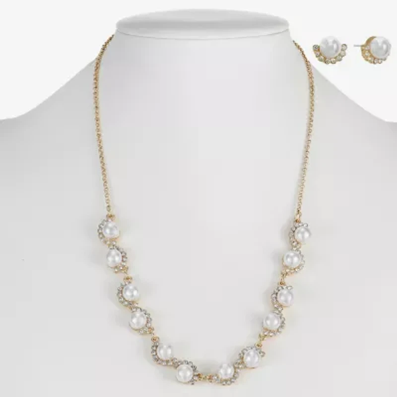 Monet Jewelry Gold Tone Collar Frontal Scallop Necklace & Stud Earring Womens Glass Simulated Pearl Round 2-pc. Jewelry Set