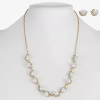 Monet Jewelry Gold Tone Collar Frontal Scallop Necklace & Stud Earring Womens Glass Simulated Pearl Round 2-pc. Jewelry Set