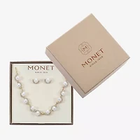Monet Jewelry Gold Tone Collar Frontal Scallop Necklace & Stud Earring Womens Glass Simulated Pearl Round 2-pc. Jewelry Set