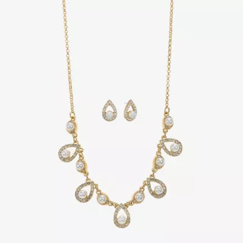 Monet Jewelry Gold Tone Collar Frontal Necklace & Drop Earring Womens Glass Simulated Pearl 2-pc. Jewelry Set
