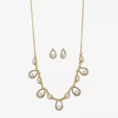 Monet Jewelry Gold Tone Collar Frontal Necklace & Drop Earring Womens Glass Simulated Pearl 2-pc. Jewelry Set