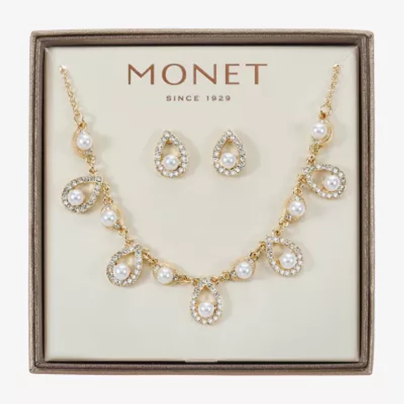 Monet Jewelry Gold Tone Collar Frontal Necklace & Drop Earring Womens Glass Simulated Pearl 2-pc. Jewelry Set