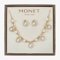 Monet Jewelry Gold Tone Collar Frontal Necklace & Drop Earring Womens Glass Simulated Pearl 2-pc. Jewelry Set