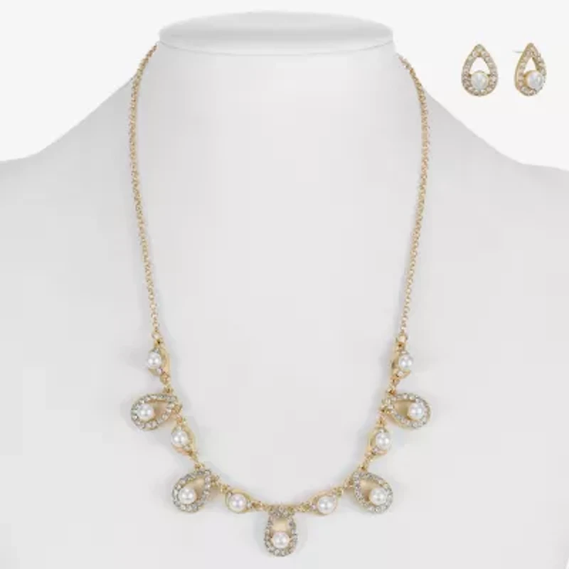 Monet Jewelry Gold Tone Collar Frontal Necklace & Drop Earring Womens Glass Simulated Pearl 2-pc. Jewelry Set