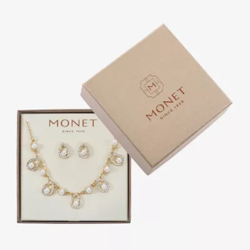 Monet Jewelry Gold Tone Collar Frontal Necklace & Drop Earring Womens Glass Simulated Pearl 2-pc. Jewelry Set