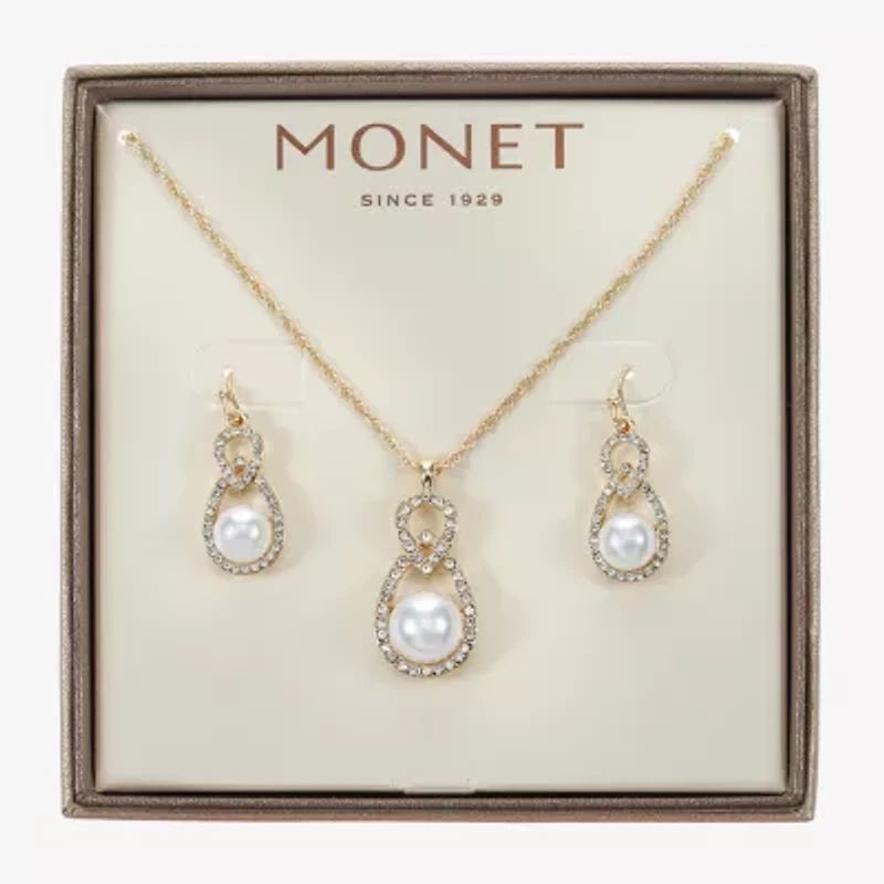 Monet Jewelry Gold Tone Pendant Necklace & Drop Earring Womens Glass Simulated Pearl 2-pc. Jewelry Set
