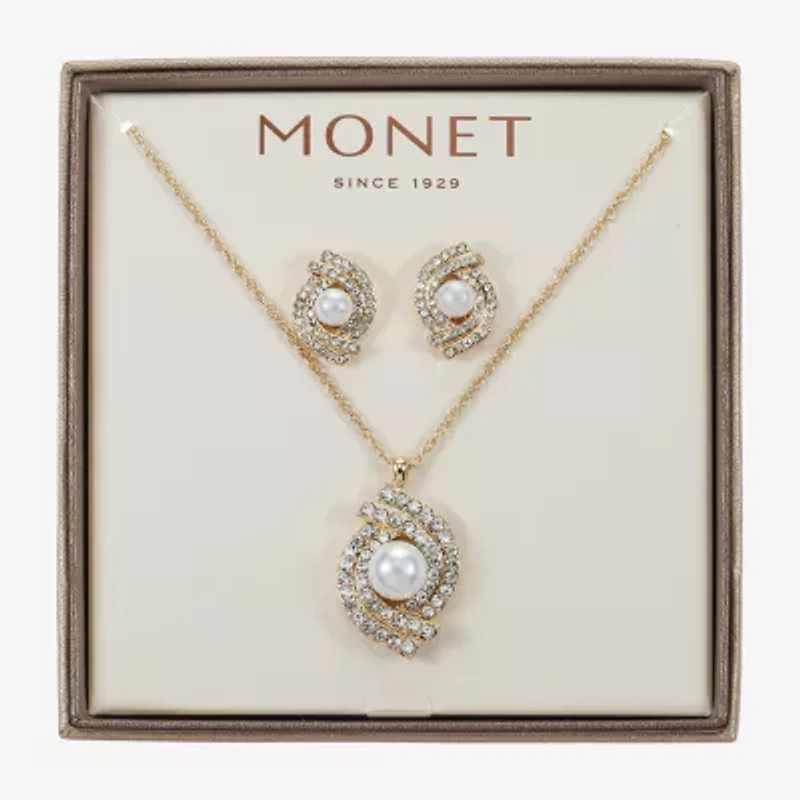 Monet Jewelry Gold Tone Pendant Twist Necklace & Stud Earring Womens Glass Simulated Pearl 2-pc. Jewelry Set