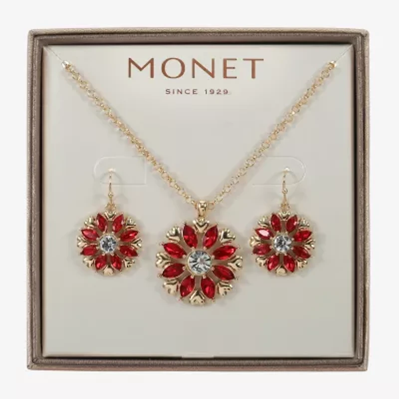 Monet Jewelry Gold Tone Pendant Necklace & Drop Earring Womens Red Glass Flower Round 2-pc. Jewelry Set