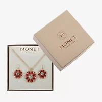 Monet Jewelry Gold Tone Pendant Necklace & Drop Earring Womens Red Glass Flower Round 2-pc. Jewelry Set