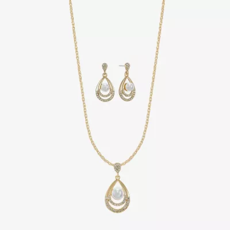 Monet Jewelry Gold Tone Pendant Necklace & Drop Earring Womens Glass Simulated Pearl 2-pc. Jewelry Set