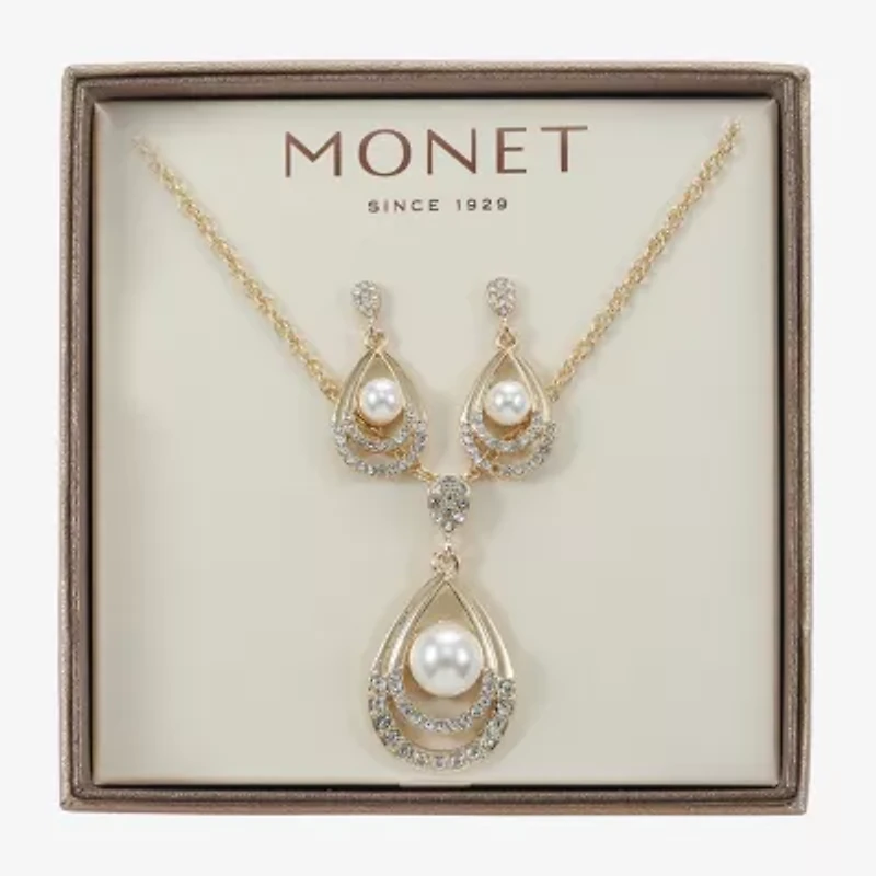 Monet Jewelry Gold Tone Pendant Necklace & Drop Earring Womens Glass Simulated Pearl 2-pc. Jewelry Set