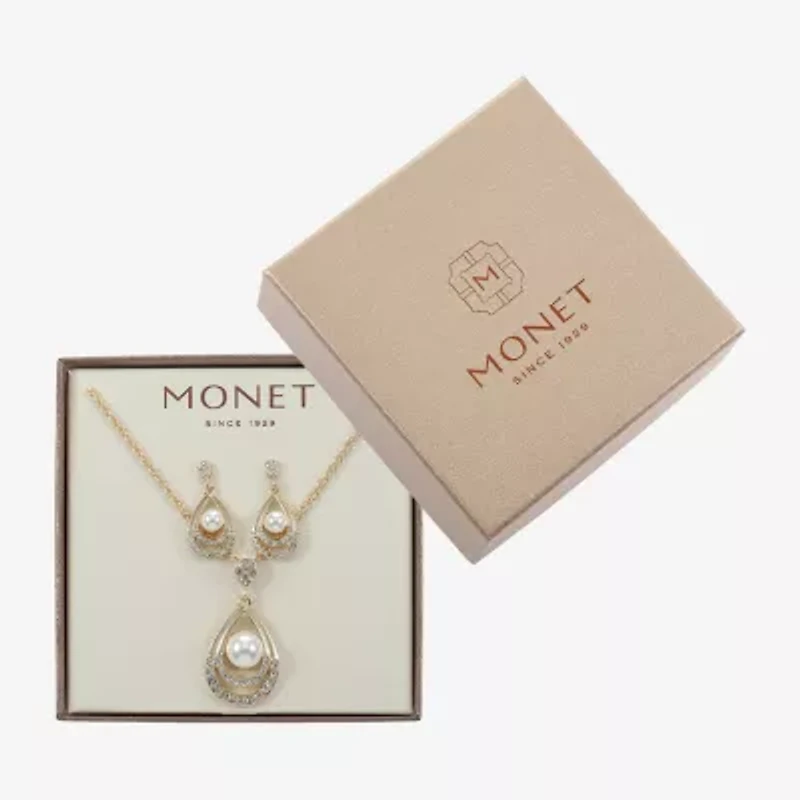 Monet Jewelry Gold Tone Pendant Necklace & Drop Earring Womens Glass Simulated Pearl 2-pc. Jewelry Set
