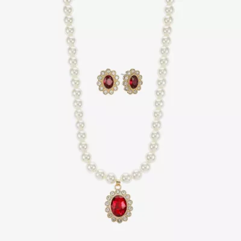 Monet Jewelry Gold Tone Pendant Necklace & Stud Earring Womens Red Glass Simulated Pearl Oval 2-pc. Jewelry Set
