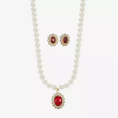 Monet Jewelry Gold Tone Pendant Necklace & Stud Earring Womens Red Glass Simulated Pearl Oval 2-pc. Jewelry Set