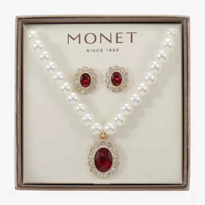 Monet Jewelry Gold Tone Pendant Necklace & Stud Earring Womens Red Glass Simulated Pearl Oval 2-pc. Jewelry Set