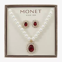 Monet Jewelry Gold Tone Pendant Necklace & Stud Earring Womens Red Glass Simulated Pearl Oval 2-pc. Jewelry Set