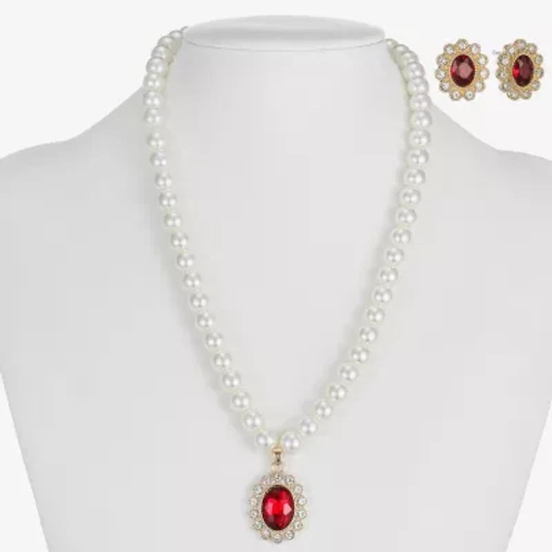 Monet Jewelry Gold Tone Pendant Necklace & Stud Earring Womens Red Glass Simulated Pearl Oval 2-pc. Jewelry Set