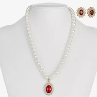 Monet Jewelry Gold Tone Pendant Necklace & Stud Earring Womens Red Glass Simulated Pearl Oval 2-pc. Jewelry Set