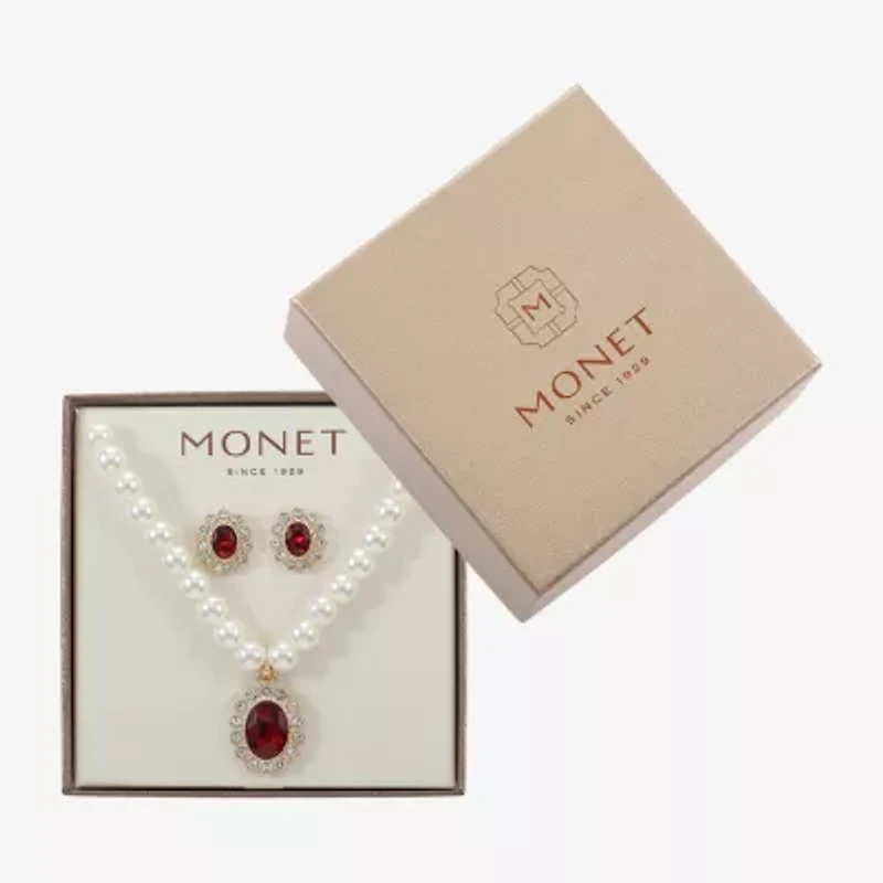 Monet Jewelry Gold Tone Pendant Necklace & Stud Earring Womens Red Glass Simulated Pearl Oval 2-pc. Jewelry Set