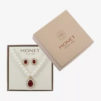 Monet Jewelry Gold Tone Pendant Necklace & Stud Earring Womens Red Glass Simulated Pearl Oval 2-pc. Jewelry Set