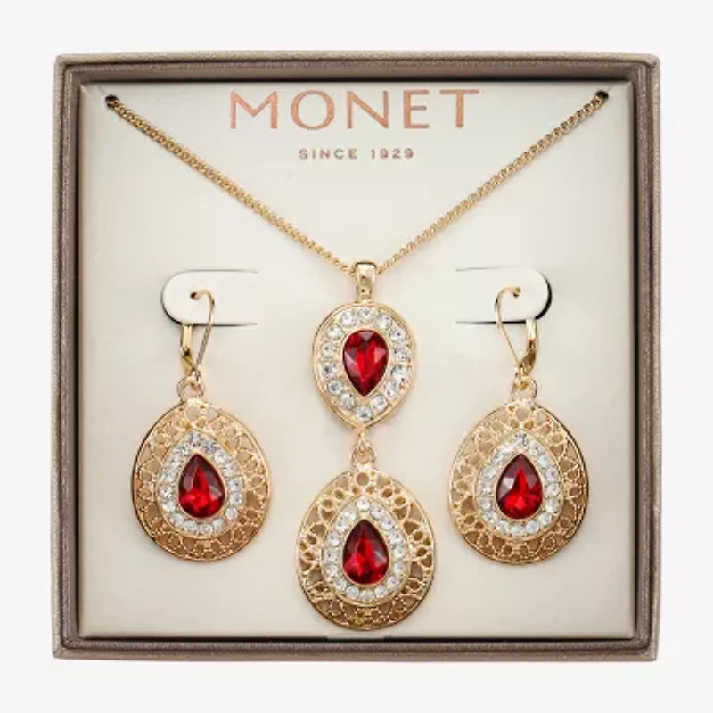 Monet Jewelry Gold Tone Pendant Necklace & Drop Earring Womens Red Glass 2-pc. Jewelry Set