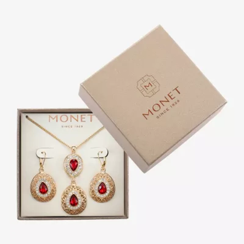 Monet Jewelry Gold Tone Pendant Necklace & Drop Earring Womens Red Glass 2-pc. Jewelry Set