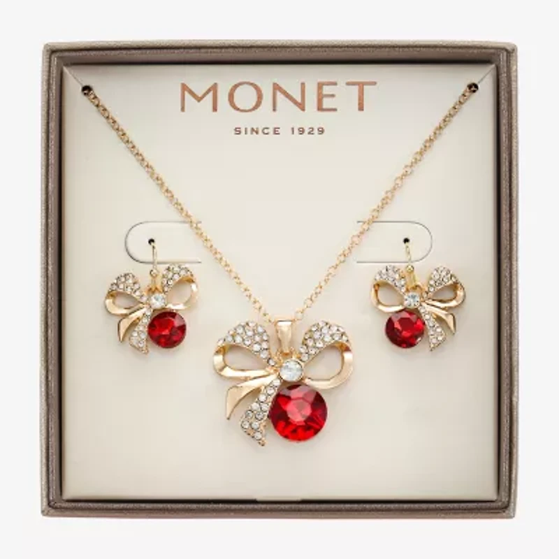 Monet Jewelry Gold Tone Pendant Necklace & Drop Earring Womens Red Glass Bow 2-pc. Jewelry Set
